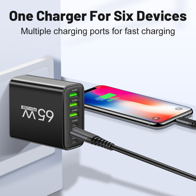 Schnellladegerät 65W | 6-in-1 Port USB Ladegerät für Mehrere Geräte
