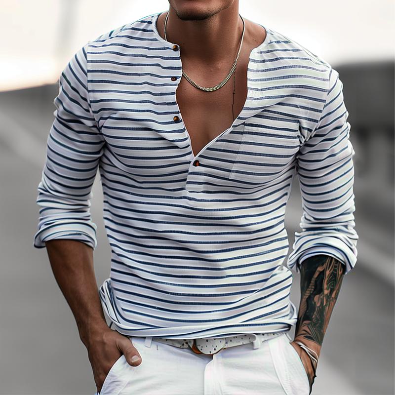 Langarm T Shirt | Gestreift Knopfleiste