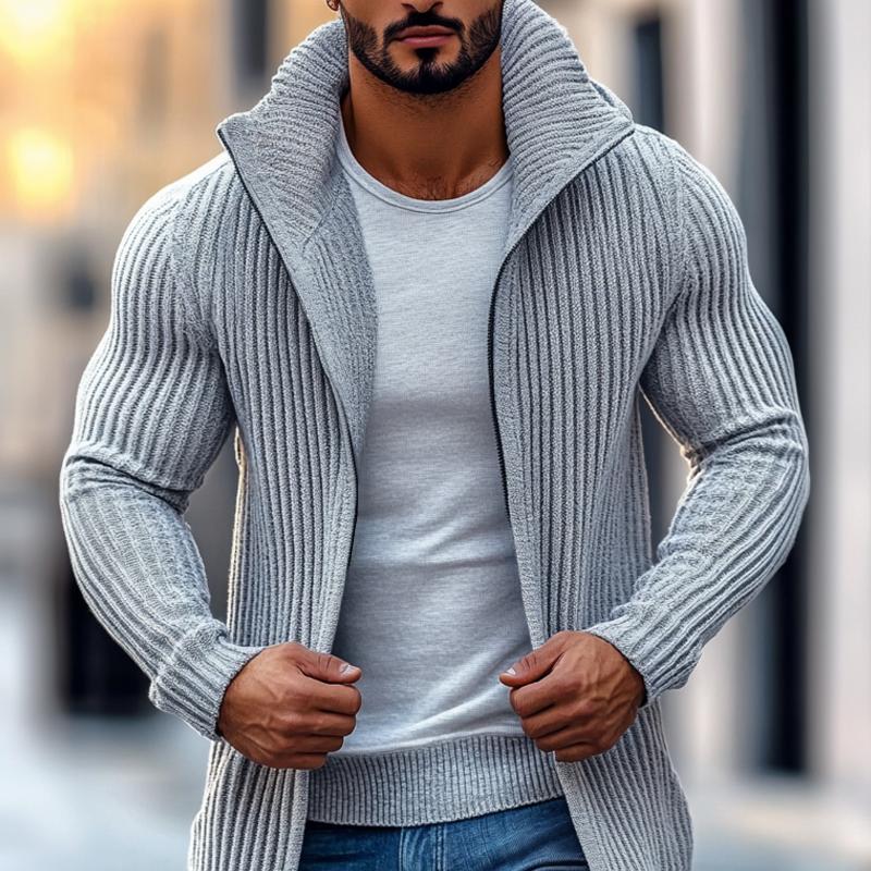 Langer Gerippter Schnitt - Strickjacke Mit Stehkragen