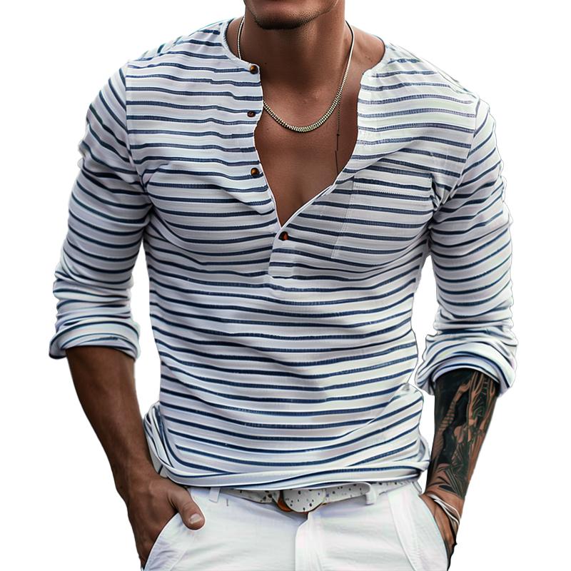 Langarm T Shirt | Gestreift Knopfleiste