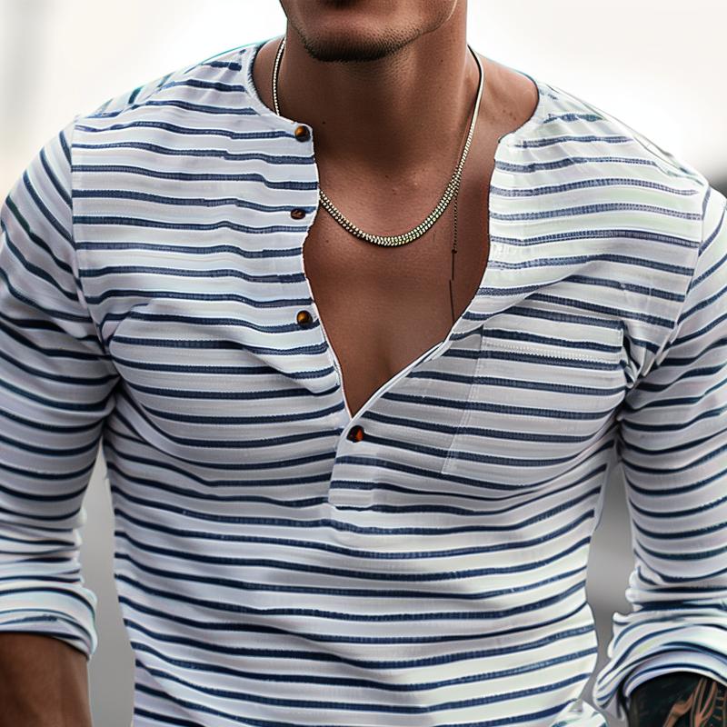 Langarm T Shirt | Gestreift Knopfleiste