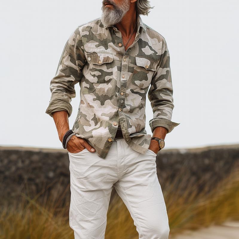 Hemd Brusttaschen | Camouflage Muster Langarm