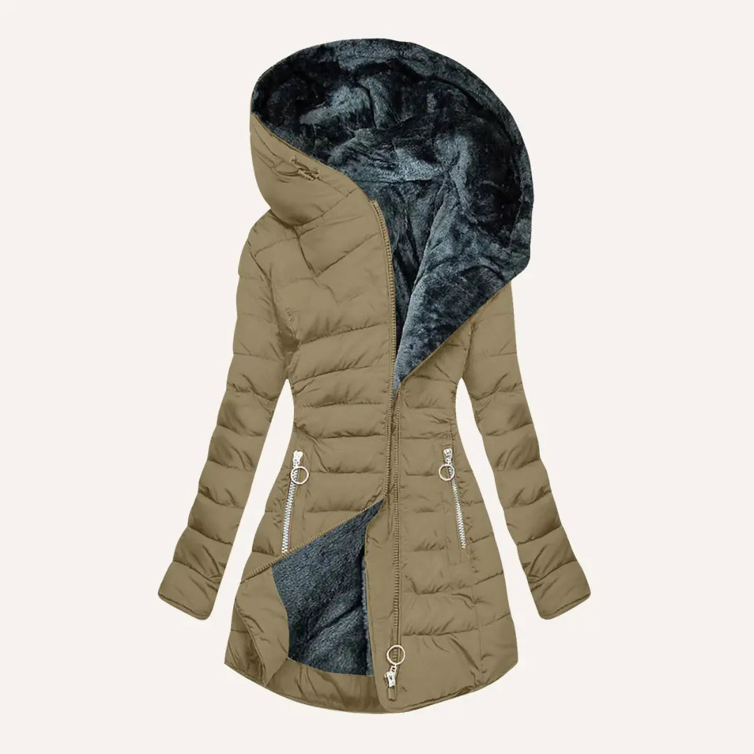Winter Steppmantel mit Kapuze | Asymmetrischer Reißverschluss