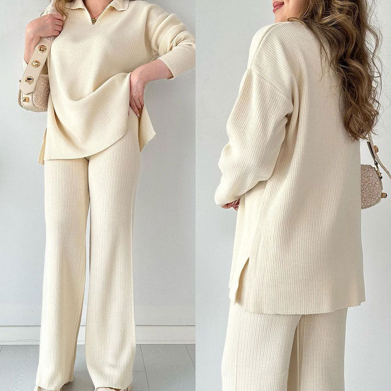 Zweiteiliges Outfit Set | Pullover Knopfleiste Und Hose