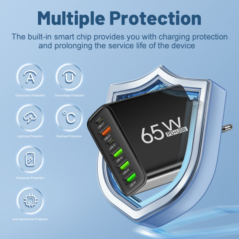 Schnellladegerät 65W | 6-in-1 Port USB Ladegerät für Mehrere Geräte